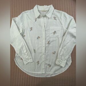 Lucky Brand White Cotton Button-Up Shirt With Embroidered Flowers Medium